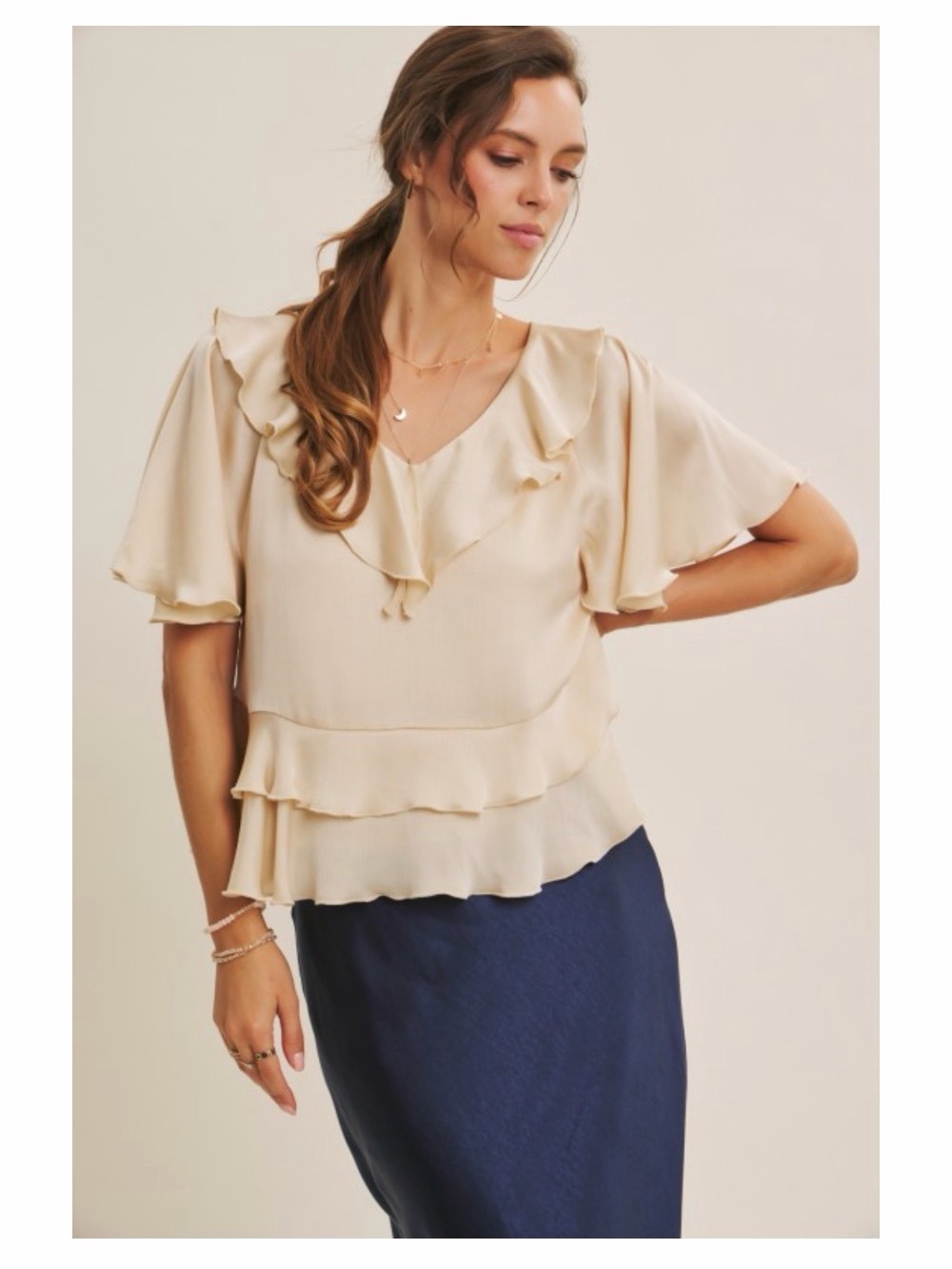 in february Light Gold Crinkle Ruffle Collar Flutter Sleeve Peplum Top L NWT